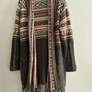 ADORA Dark Grey Open Front Cardigan with Multicolor Fair Isle Accents